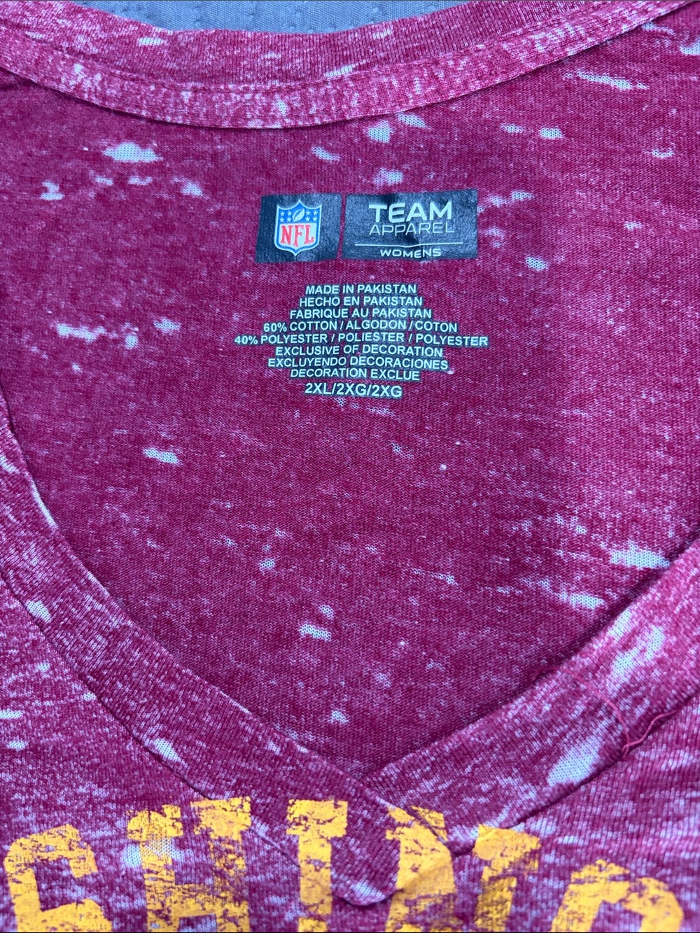 NFL Women's Maroon Mineral-Wash V-Neck Tee with Yellow Print